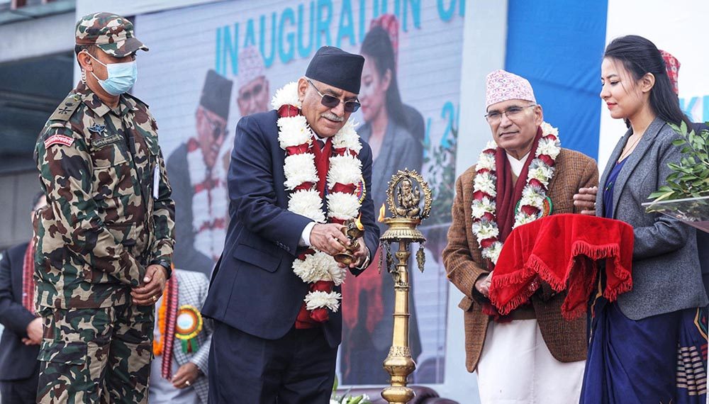 Prime Minister Pushpa Kamal Dahal inaugurates Pokhara Regional International Airport by lighting a lamp at a programme organised in Kaski district, on January 1, 2023. Photo: RSS