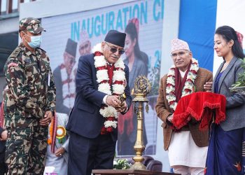 Prime Minister Pushpa Kamal Dahal inaugurates Pokhara Regional International Airport by lighting a lamp at a programme organised in Kaski district, on January 1, 2023. Photo: RSS