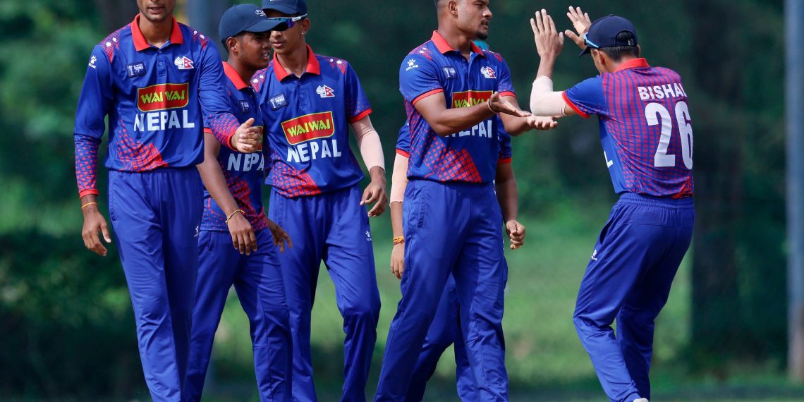 Hemant Dhami of Nepal celebrates the wicket of Aditya Phadke of Japan during the ACC Men's U19 Premier Cup 2023 1st Semi-Final match between Nepal and Japan held at the Bayuemas Oval, Kuala lumpur, Malaysia on the 21th October 2023.

Photo by: Deepak Malik / Creimas / Asian Cricket Council

RESTRICTED TO EDITORIAL USE